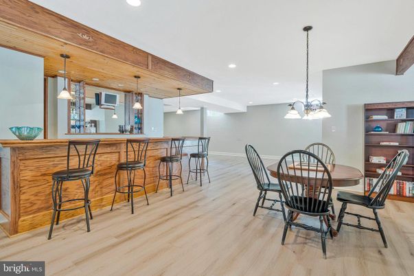 Dining room, Interior, Pendant Lights, Recessed Lighting, Wooden Beams, Wood Texture Flooring