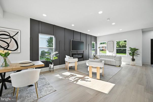 Dining room, Fireplace, Interior, Living room, Recessed Lighting, Wood Texture Flooring