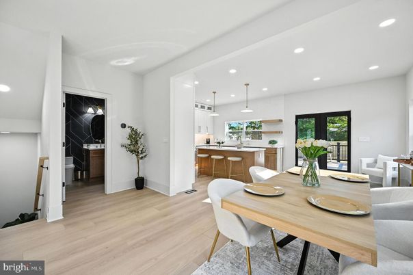 Dining room, Interior, Kitchen, Pendant Lights, Recessed Lighting, Wood Texture Flooring