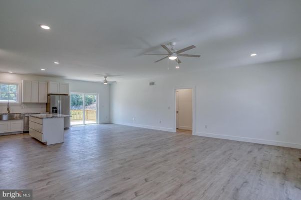 Empty room, Interior, Kitchen, Recessed Lighting, Wood Texture Flooring