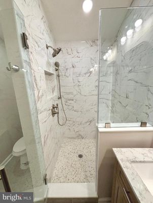 Bathroom, Glass Shower, Interior, Marble Walls, Recessed Lighting