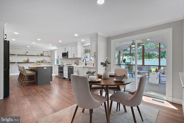 Dining room, Interior, Kitchen, Recessed Lighting, Stainless Steel Appliances, Water, Wood Texture Flooring