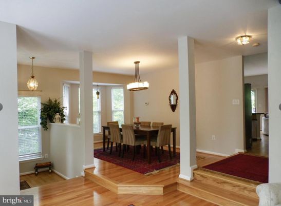 Dining room, Interior, Pendant Lights, Wood Texture Flooring