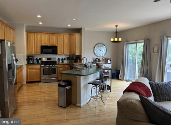 Chandelier, Interior, Kitchen, Recessed Lighting, Stainless Steel Appliances, Wood Texture Flooring