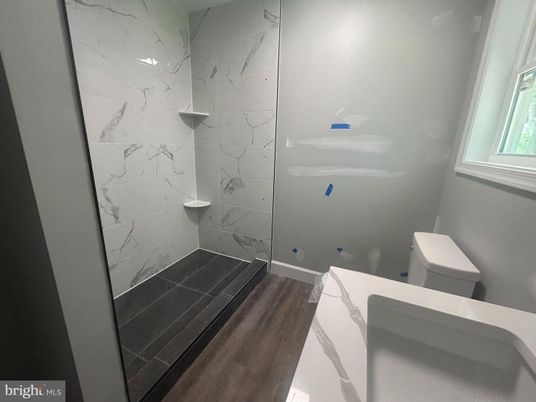 Bathroom, Interior, Marble Walls, Wood Texture Flooring