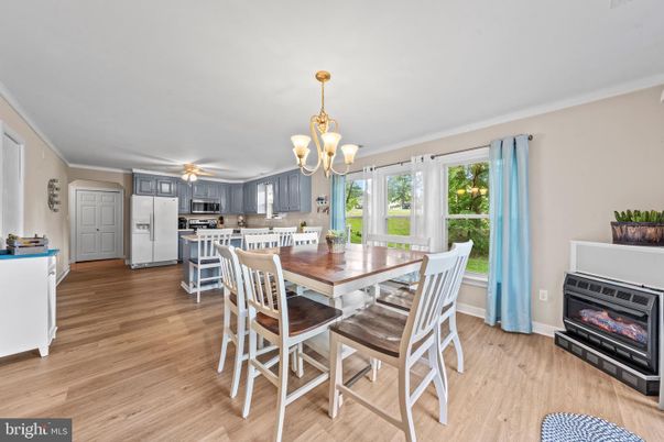 Chandelier, Dining room, Fireplace, Interior, Kitchen, Stainless Steel Appliances, Wood Texture Flooring