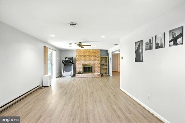 Fireplace, Interior, Recessed Lighting, Wood Texture Flooring