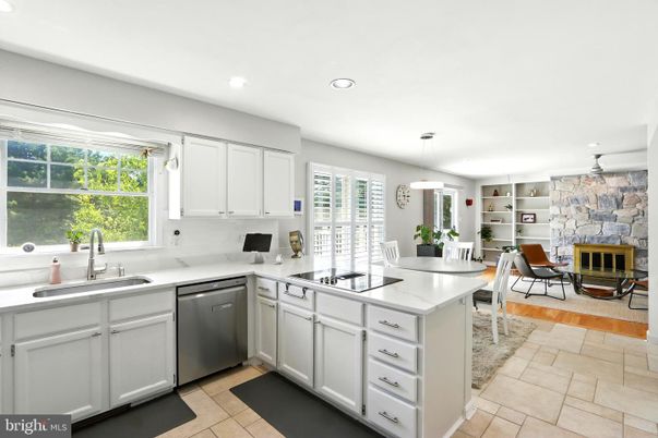 Dining room, Fireplace, Interior, Kitchen, Pendant Lights, Recessed Lighting, Stone Walls