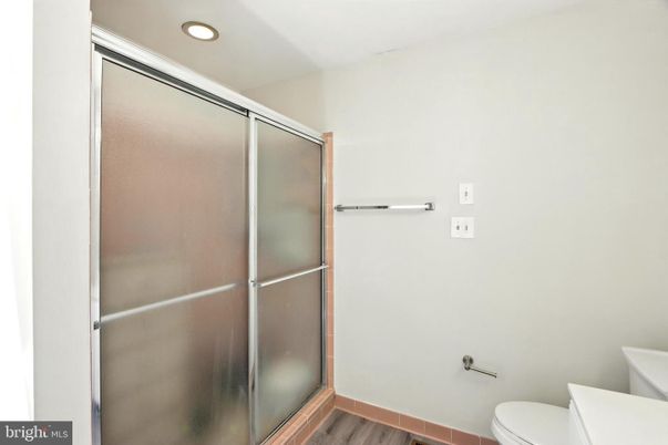 Bathroom, Glass Shower, Interior, Recessed Lighting, Wood Texture Flooring
