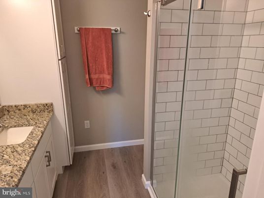 Bathroom, Glass Shower, Interior, Wood Texture Flooring