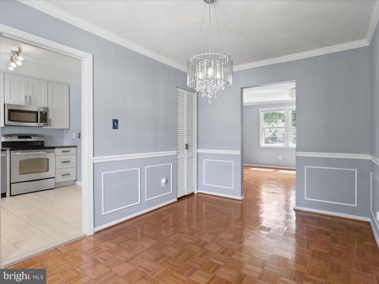 Chandelier, Empty room, Interior, Kitchen, Stainless Steel Appliances, Wood Texture Flooring