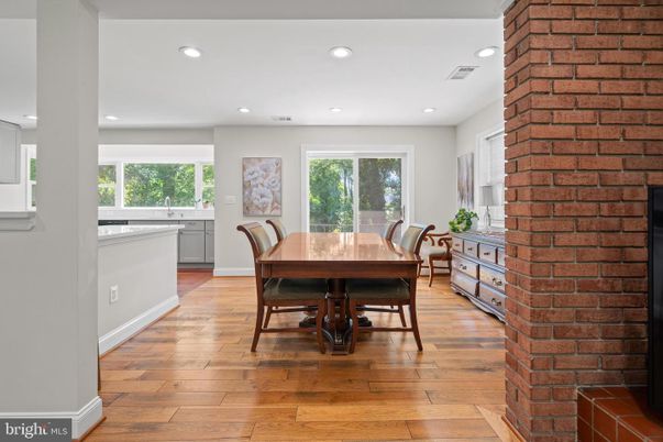 Dining room, Interior, Recessed Lighting, Stone Walls, Wood Texture Flooring