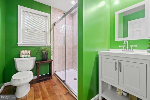 Bathroom, Glass Shower, Interior, Wood Texture Flooring