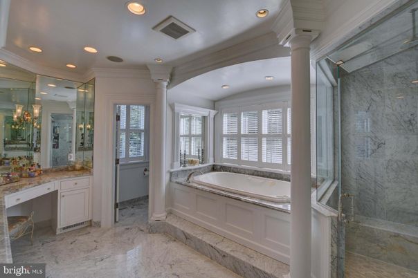 Bathroom, Glass Shower, Interior, Marble, Marble Walls, Recessed Lighting