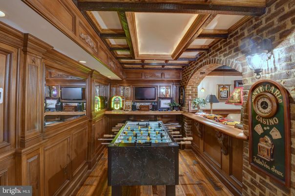 Home Office, Interior, Recessed Lighting, Stone Walls, Wooden Beams, Wood Texture Flooring, Wooden Walls