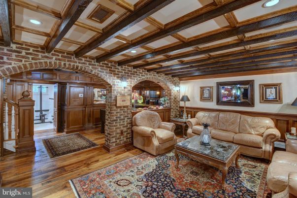 Interior, Living room, Recessed Lighting, Stone Walls, Wooden Beams, Wood Texture Flooring