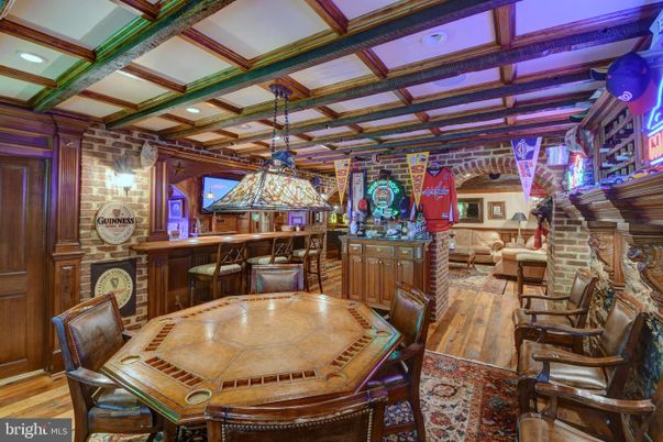 Dining room, Interior, Pendant Lights, Recessed Lighting, Stone Walls, Wooden Beams, Wood Texture Flooring