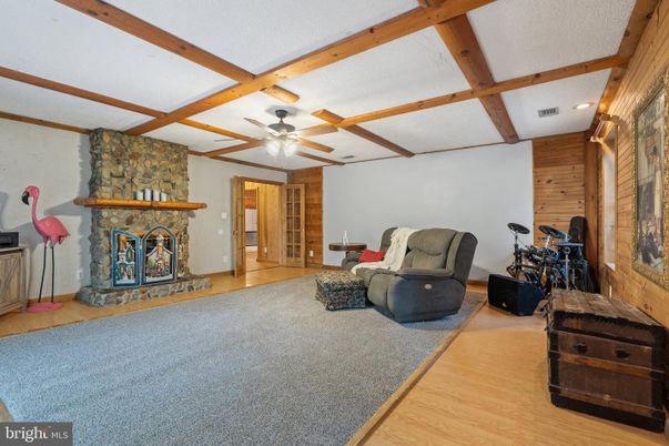 Fireplace, Interior, Recessed Lighting, Stone Walls, Wooden Beams, Wood Texture Flooring, Wooden Walls