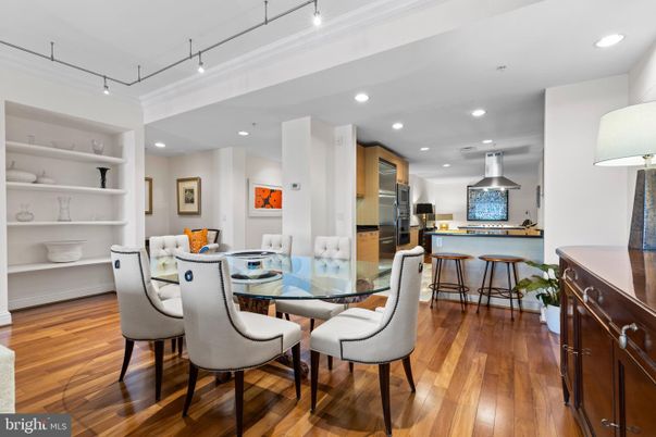 Dining room, Interior, Kitchen, Recessed Lighting, Stainless Steel Appliances, Wood Texture Flooring