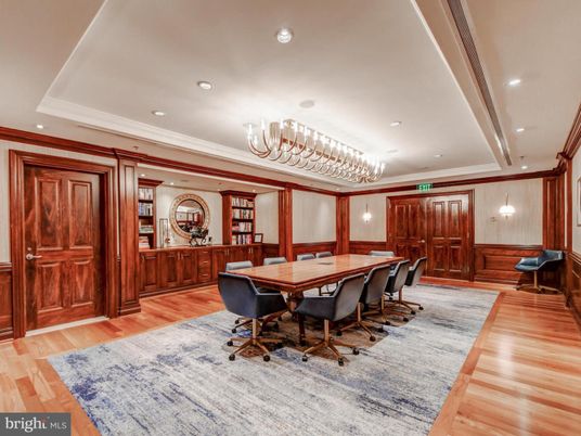 Chandelier, Home Office, Interior, Recessed Lighting, Wood Texture Flooring, Wooden Walls
