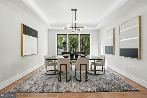 Dining room, Interior, Pendant Lights, Recessed Lighting, Wood Texture Flooring