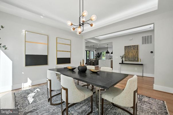 Dining room, Interior, Pendant Lights, Recessed Lighting, Wood Texture Flooring