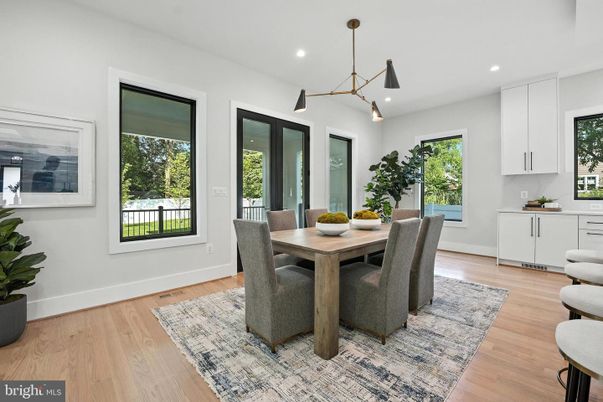 Dining room, Interior, Pendant Lights, Recessed Lighting, Wood Texture Flooring