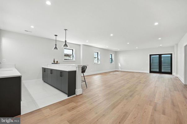 Empty room, Interior, Kitchen, Pendant Lights, Recessed Lighting, Wood Texture Flooring