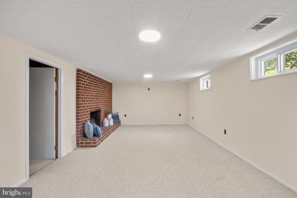Empty room, Fireplace, Interior, Recessed Lighting, Stone Walls