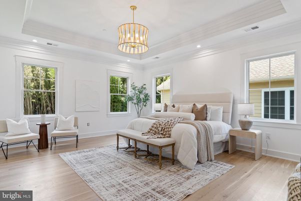Bedroom, Chandelier, Interior, Pendant Lights, Recessed Lighting, Wood Texture Flooring