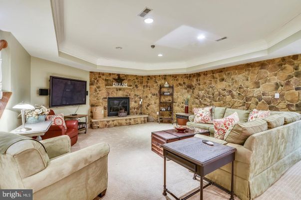 Fireplace, Interior, Living room, Recessed Lighting, Stone Walls