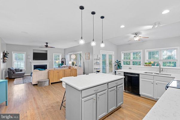 Fireplace, Interior, Kitchen, Living room, Pendant Lights, Recessed Lighting, Wood Texture Flooring