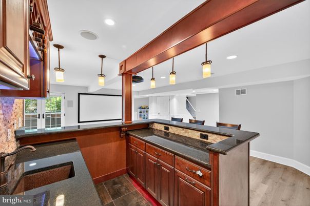 Interior, Pendant Lights, Projection Screen, Recessed Lighting, Wood Texture Flooring
