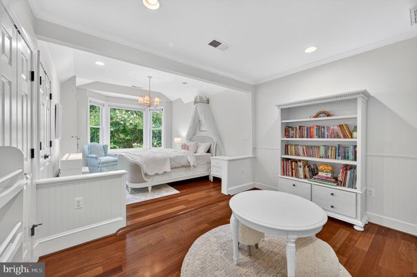 Bedroom, Chandelier, Interior, Recessed Lighting, Wood Texture Flooring