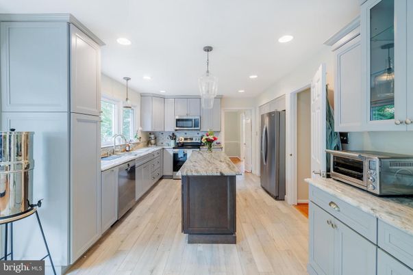 Interior, Kitchen, Pendant Lights, Recessed Lighting, Stainless Steel Appliances, Wood Texture Flooring