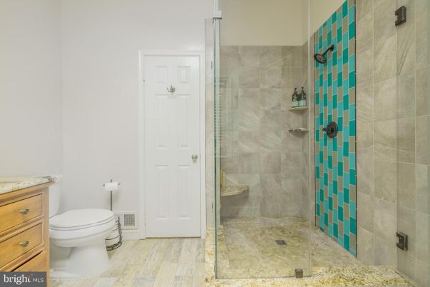 Bathroom, Glass Shower, Interior, Wood Texture Flooring