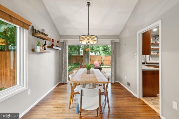 Dining room, Interior, Pendant Lights, Wood Texture Flooring