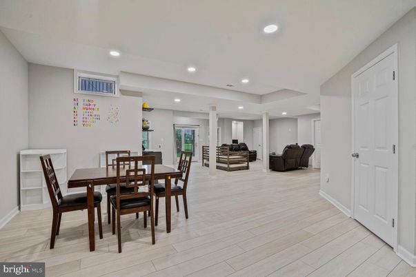 Dining room, Interior, Recessed Lighting, Wood Texture Flooring