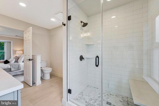 Bathroom, Bedroom, Glass Shower, Interior, Recessed Lighting, Wood Texture Flooring