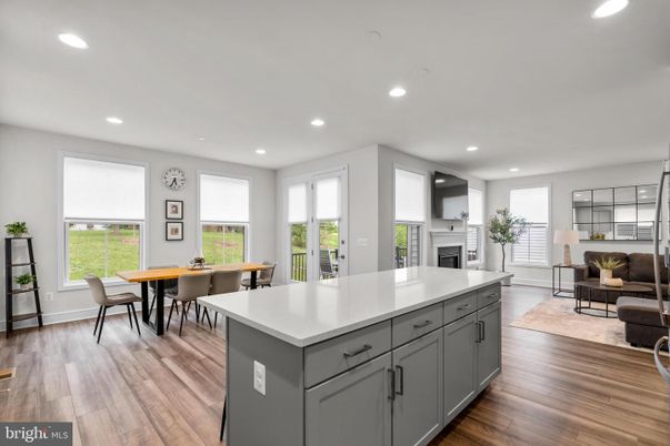 Dining room, Interior, Kitchen, Living room, Recessed Lighting, Wood Texture Flooring