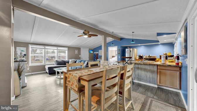 Dining room, Interior, Living room, Recessed Lighting, Wood Texture Flooring