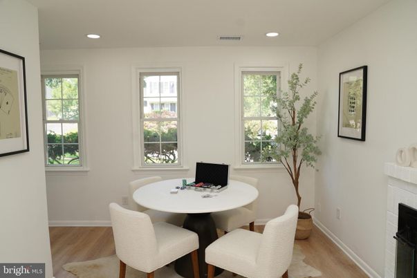 Fireplace, Home Office, Interior, Recessed Lighting, Wood Texture Flooring