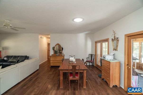 Dining room, Interior, Living room, Recessed Lighting, Wood Texture Flooring