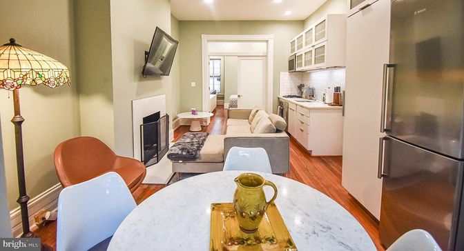Fireplace, Interior, Kitchen, Living room, Recessed Lighting, Wood Texture Flooring