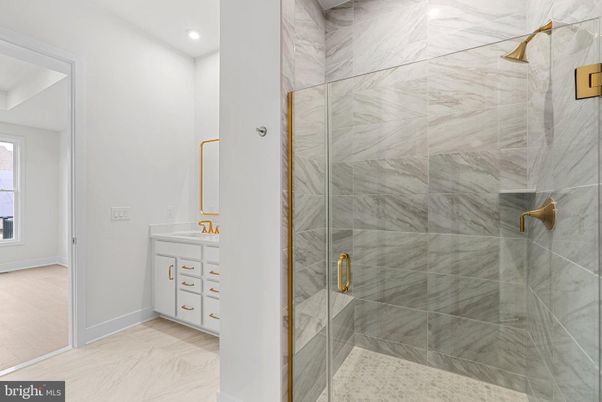 Bathroom, Glass Shower, Interior, Marble, Marble Walls, Recessed Lighting