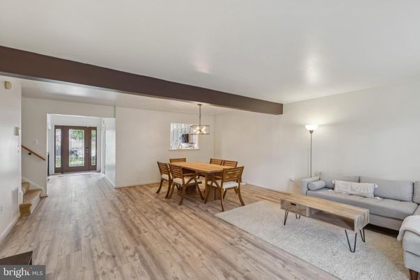 Dining room, Interior, Living room, Pendant Lights, Wooden Beams, Wood Texture Flooring
