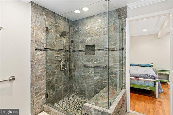 Bathroom, Glass Shower, Interior, Recessed Lighting, Wood Texture Flooring