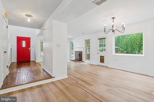Chandelier, Empty room, Fireplace, Interior, Wood Texture Flooring