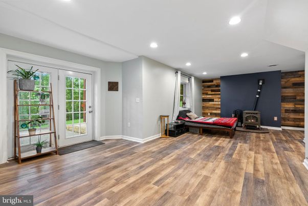 Empty room, Fireplace, Interior, Recessed Lighting, Wood Texture Flooring, Wooden Walls