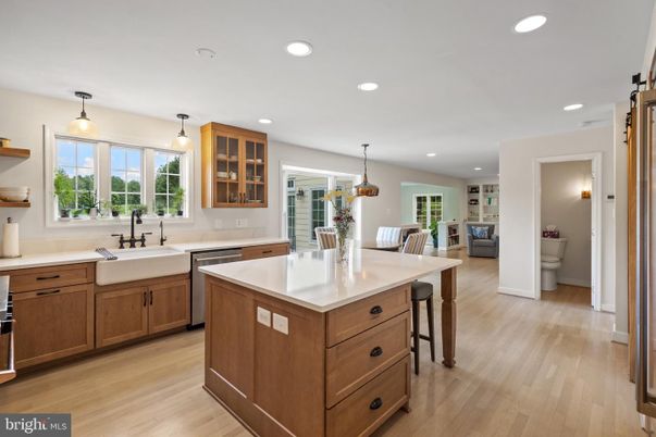 Dining room, Interior, Kitchen, Pendant Lights, Recessed Lighting, Wood Texture Flooring